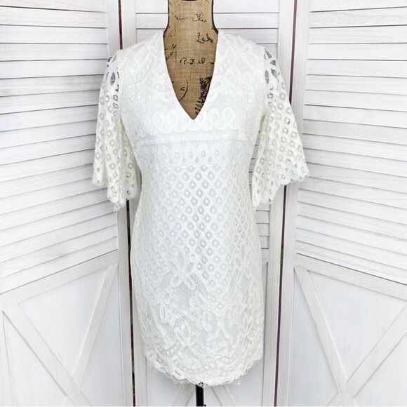 Alexia Admor Lace Front Bell Sleeve Sheath Dress Small Ivory White Half Sleeve - Picture 1 of 13